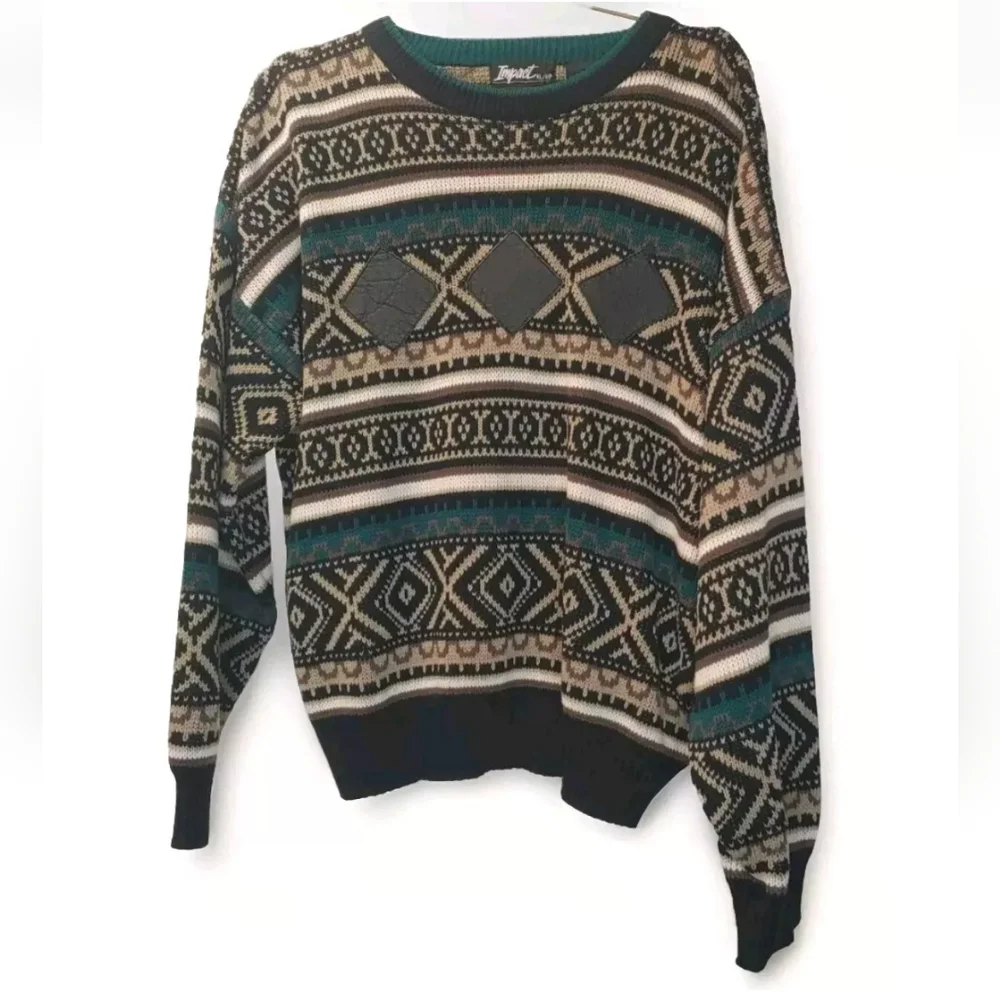 Vtg Impact Sweater Men XL Leather Patches Geometric Eclectic Grampa Ski Crewneck